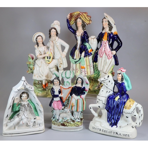 150 - Collection of 19th century and other Staffordshire flatback pottery groups to include: Empress of Fr... 