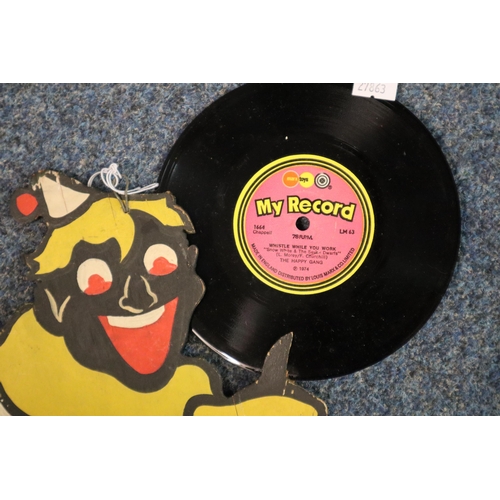 159 - Printed/painted carboard clown figure holding a 1974 vinyl record 'Whistle while you work' by The Ha... 