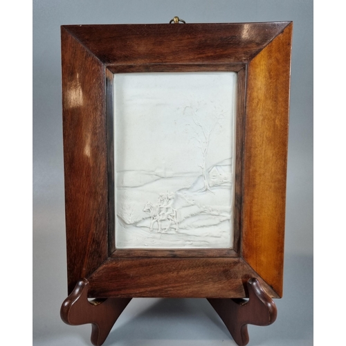 16 - 19th century continental porcelain lithophane panel depicting two figures mounted on a single horse ... 