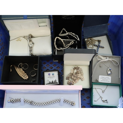 160 - Collection of silver and costume jewellery to include: dress rings, necklaces and pendants, wristwat... 