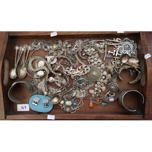 167 - Wooden two handled tray comprising various silver and vintage white metal and other jewellery to inc... 