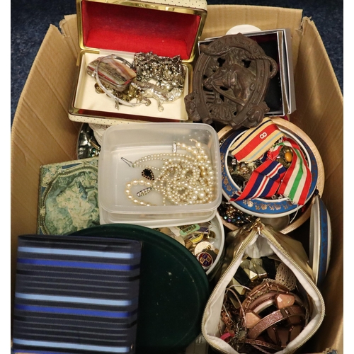 170 - Box of mainly jewellery: various costume, tie and cufflinks set, set of darts, various badges, bangl... 