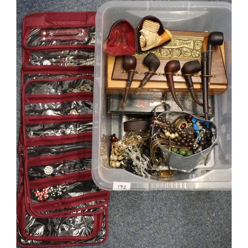 172 - Box of oddments to include: pipe rack with various pipes, large collection of costume jewellery incl... 