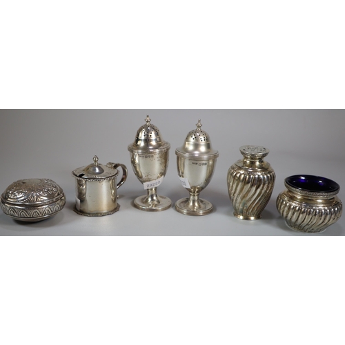 187 - Collection of 19th century and other silver condiments together with a silver circular snuff box.  1... 