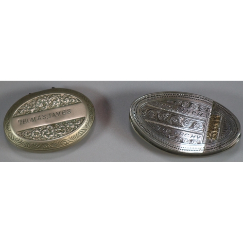 192 - Two vintage Miner's snuff boxes, engraved and marked 'Tom Finch Treorchy' and 'Thomas James'.  (2)  ... 