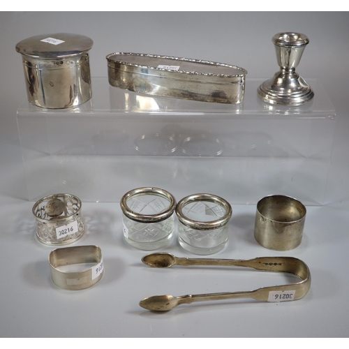 196 - Collection of silver to include: dressing table box and cover x2 of circular and oval form, single d... 