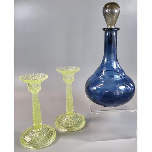 20 - Pair of uranium glass moulded candlesticks together with a blue glass mallet shaped decanter and sto... 