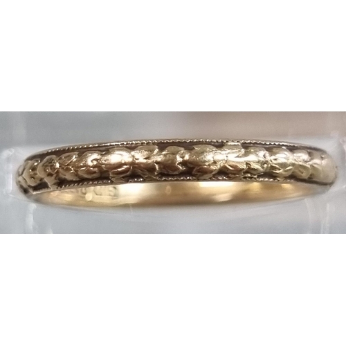 201 - 9ct gold wedding band with repeating wreath design.  1.8g approx. Size M.  (B.P. 21% + VAT)