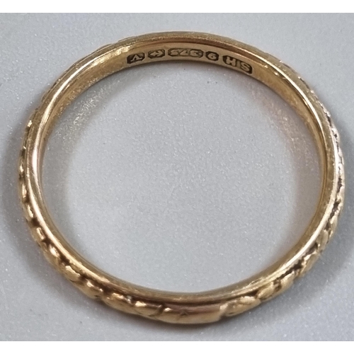 201 - 9ct gold wedding band with repeating wreath design.  1.8g approx. Size M.  (B.P. 21% + VAT)