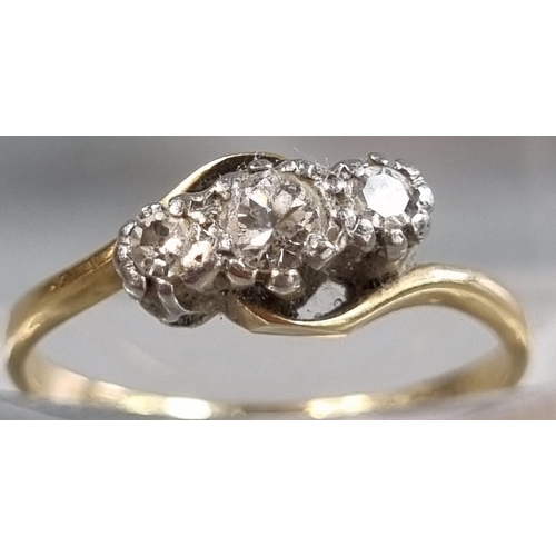 206 - 18ct gold and platinum twist shank three stone diamond ring.  1.8g approx.  Size I.  (B.P. 21% + VAT... 