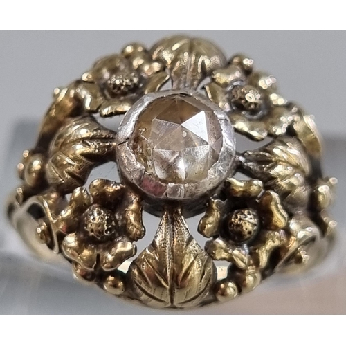 208 - 14ct gold Arts and Crafts style ring set with a rose cut diamond in ornate floral setting.  4.9g app... 