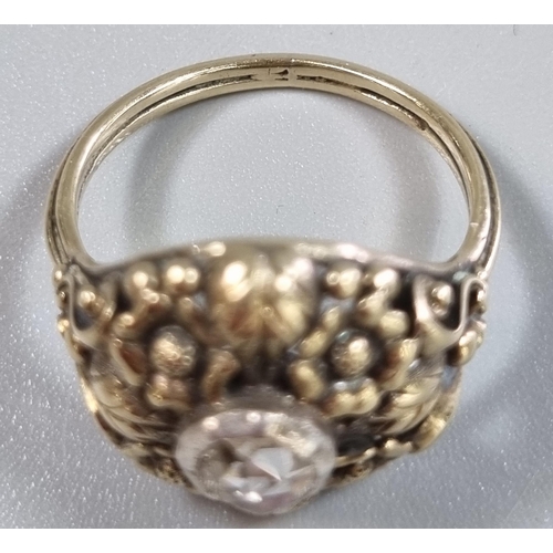 208 - 14ct gold Arts and Crafts style ring set with a rose cut diamond in ornate floral setting.  4.9g app... 