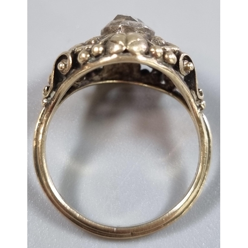 208 - 14ct gold Arts and Crafts style ring set with a rose cut diamond in ornate floral setting.  4.9g app... 