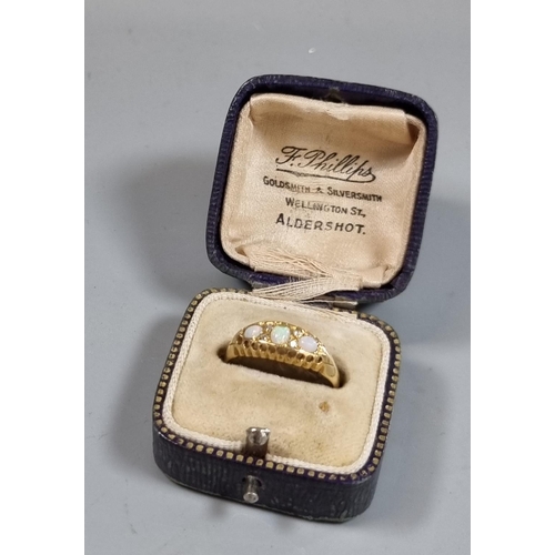 214 - Edwardian 18ct gold diamond and three stone Opal ring in fitted box.  2.8g approx.  Size O.  (B.P. 2... 