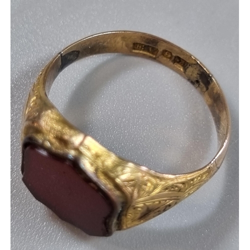 216 - 9ct gold shield shaped carnelian seal ring.  4.7g approx.  size Q1/2.  (B.P. 21% + VAT)