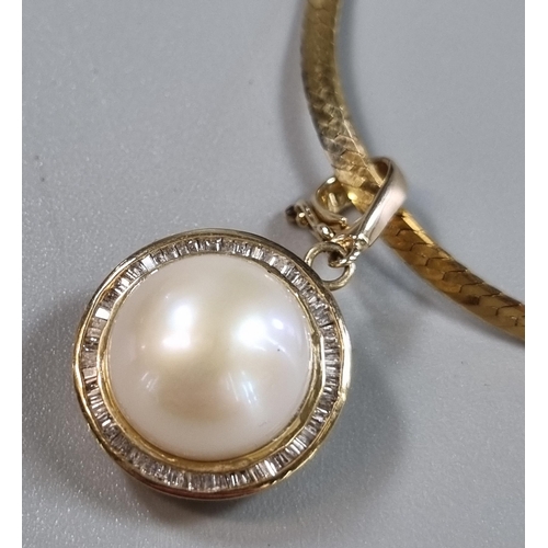 220 - 9ct gold herringbone chain with Mabe pearl and diamond pendant.  7.6g approx.  (B.P. 21% + VAT)