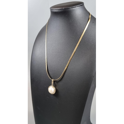 220 - 9ct gold herringbone chain with Mabe pearl and diamond pendant.  7.6g approx.  (B.P. 21% + VAT)