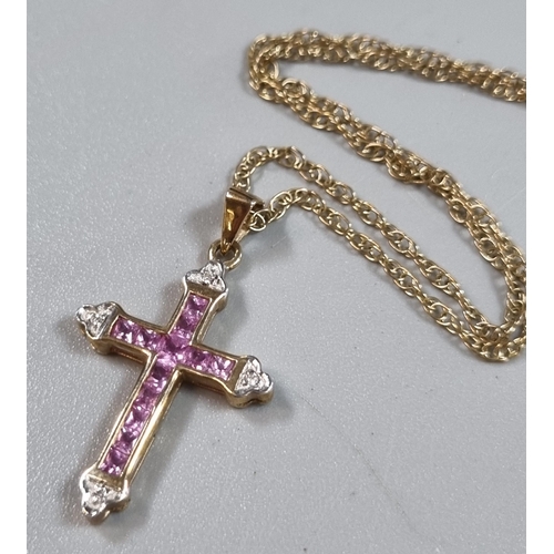 225 - 9ct gold fine link chain with white and pink stone crucifix pendant.  3.4g approx.  (B.P. 21% + VAT)