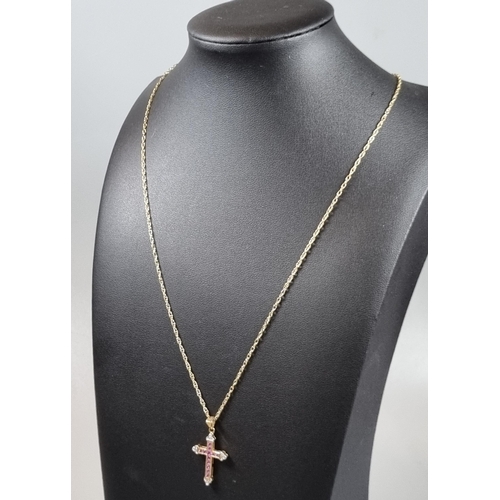 225 - 9ct gold fine link chain with white and pink stone crucifix pendant.  3.4g approx.  (B.P. 21% + VAT)