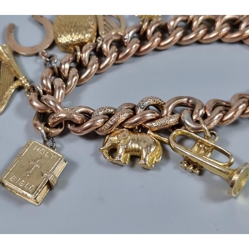 232 - 9ct gold curb link charm bracelet with assorted charms including: heart shaped padlock, harp, trumpe... 