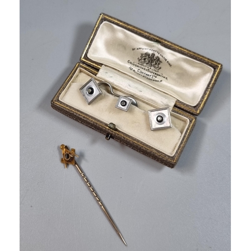 233 - Cased set of Goldsmiths & Silversmiths shirt studs together with a 15ct gold Masonic tie pin (1.4g a... 