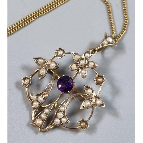 239 - Edwardian 9ct gold pearl and amethyst pendant on fine link chain.  5g approx.  (B.P. 21% + VAT)