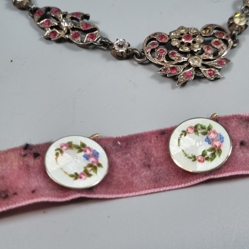 245 - 19th century French silver pink and white paste set necklace together wit ha set of five enamel butt... 