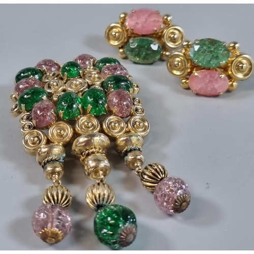 246 - Christian Dior, gilt metal brooch with green and pink coloured stones and a pair of matching clip on... 