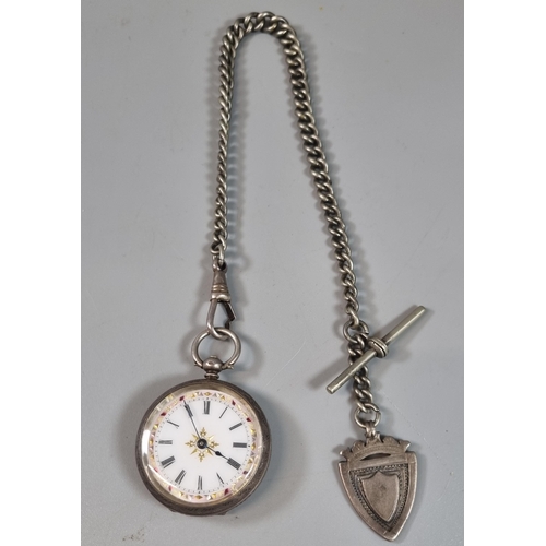 250 - Silver and enamel ladies fancy fob watch with silver curb link Albert chain T bar and shield shaped ... 