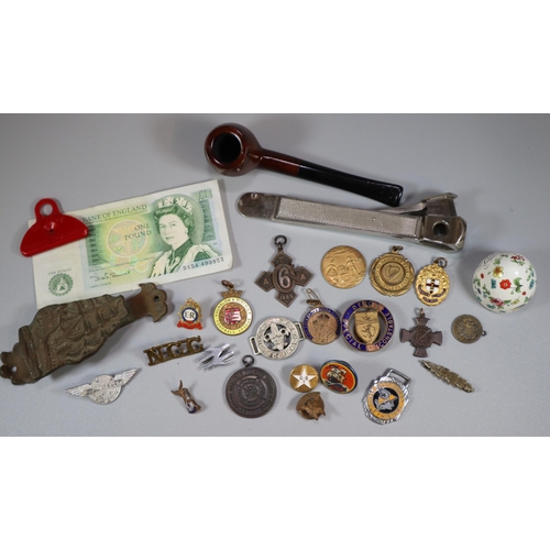 265 - Plastic tub of assorted medals and enamel badges, ACME Shepherds Lip Whistle, large cigar cutter, HM... 