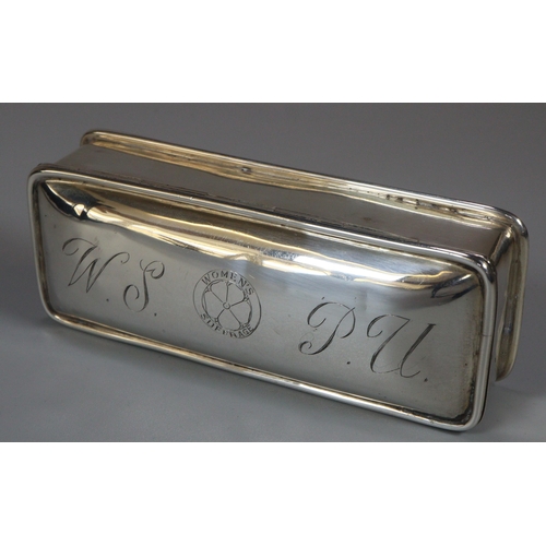 282 - Early 20th century silver box of rectangular form, the hinged lid and top marked 'Women's Suffrage' ... 