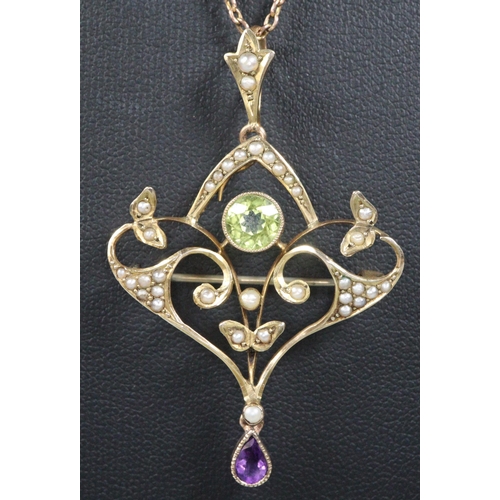 283 - 9ct gold Edwardian Suffragette seed pearl, peridot and amethyst pendant on fine link chain.  Total l... 