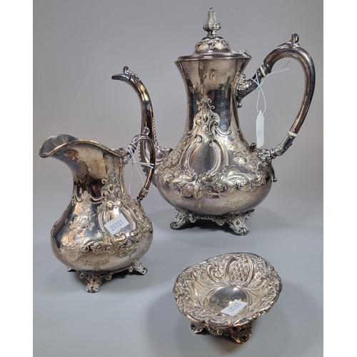 289 - Victorian silver plated repoussé coffee pot and matching cream jug together with a silver repoussé b... 