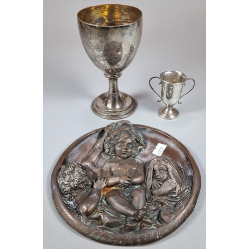 290 - Silver miniature two handled trophy cup.  0.7 troy oz approx. together with a white metal goblet.  8... 