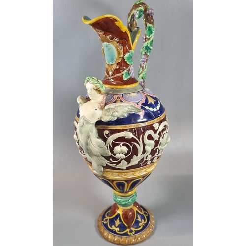 3 - 19th century, Majolica Renaissance style wine ewer jug with winged maiden to the front, birds, snake... 