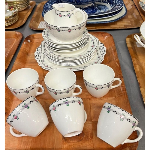 302 - Shelley bone china tea set in Art Deco design with sprigged and chequered banding comprising: six sa... 