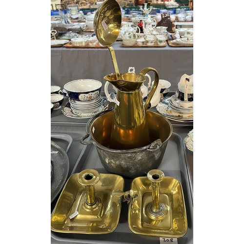 308 - Assorted metalware to include: 19th century brass ladle, brass preserving pan with iron handle, bras... 