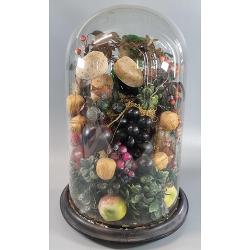 63 - Late Victorian bell shaped glass dome raised on a circular wooden ebonised base with diorama of frui... 