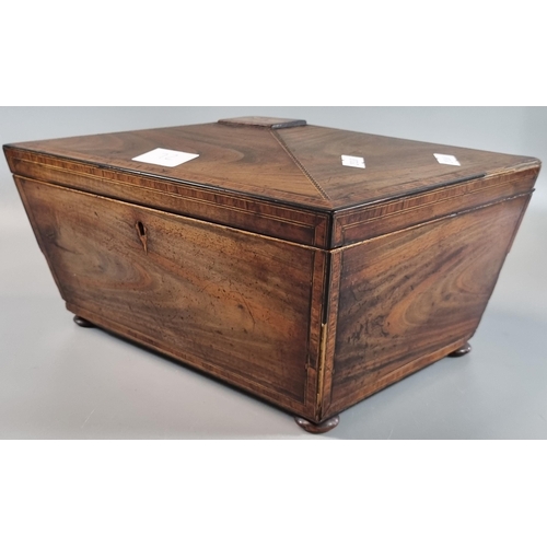 72 - 19th century mahogany sarcophagus work/jewellery box with herringbone inlay, raised on pad feet.  (B... 