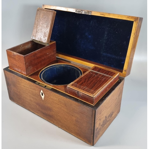 73 - 19th century mahogany and rosewood tea caddy of rectangular form the interior revealing two sections... 