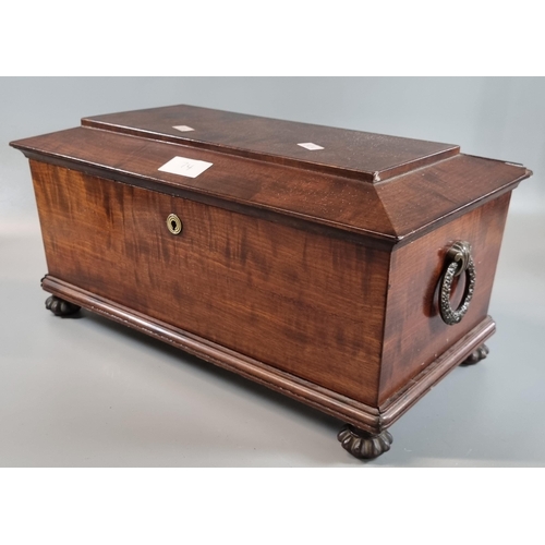 74 - 19th century mahogany sarcophagus shaped tea caddy, the interior revealing two sections with ceramic... 