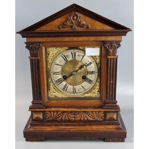 78 - Early 20th century carved architectural design two train mantle clock with silver chapter ring, Roma... 