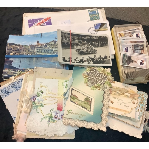 88 - Shoe box with selection of postcards, cigarette cards, vintage Birthday cards and a few stamp covers... 