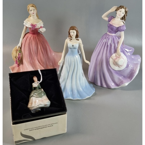 98 - Four Royal Doulton bone china figurines to include 'Soiree' in original box, 'Rosie', 'Belles across... 