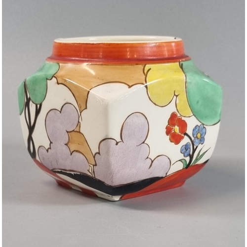 106 - In the style of Clarice Cliff, 'Autumn Trees' design square form jar/bowl. Unmarked.  9x9x8cm approx... 