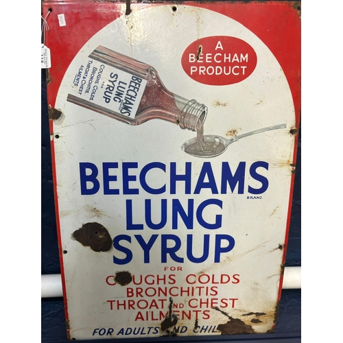 118 - Single sided enamel advertising sign 'Beecham's Lung Syrup For coughs, Cold, Bronchitis, Throat and ... 