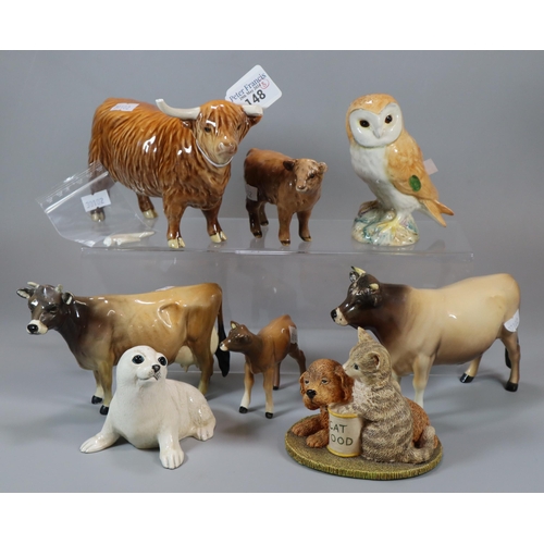 148 - Collection of Beswick and other animals to include: Owl, 'Dunsley Coy Boy' and another similar Cow, ... 