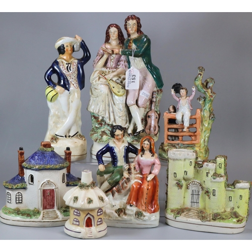 153 - Collection of Staffordshire and Staffordshire style pottery Flatback figurines, figure groups, toget... 