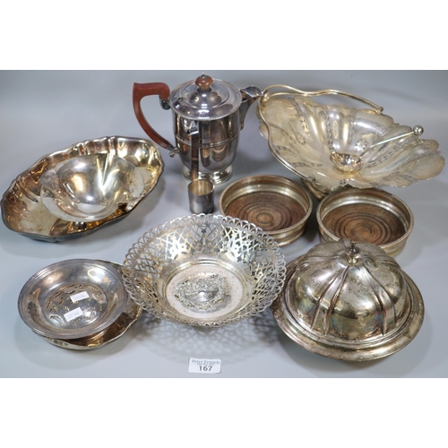 167 - Box of assorted silver plated items: muffin dish, sherry decanter label, pair of wine coasters etc. ... 