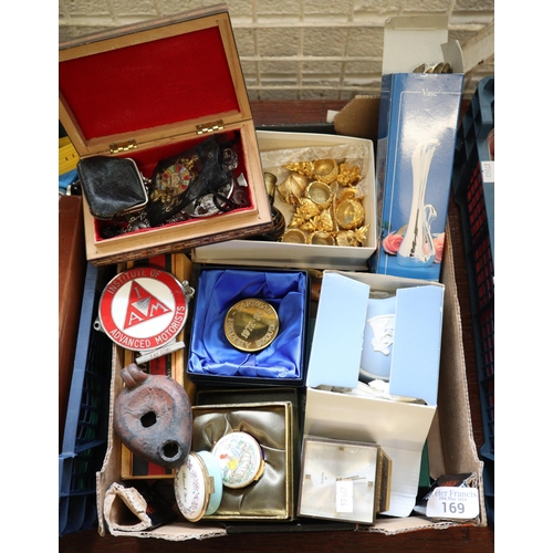 169 - Box of oddments to include: costume jewellery, Swiza table clock, Roman style Genie lamp, modern Eng... 